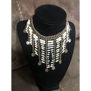 FREE PEOPLE Cascading Beaded Choker Necklace Boho, Cream  & Black, Goltone Chain